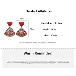 Detail view of red fan-shaped acrylic earrings with precise size and weight parameters