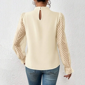 Mock neck beige chiffon blouse for women featuring elegant textured wave pattern long sleeves
