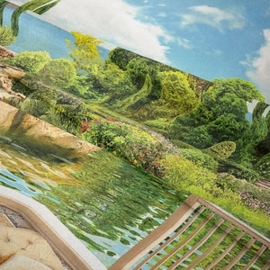 Close-up of landscape print tapestry fabric showing high-definition garden details