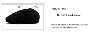 Detail view of adjustable black suede flat cap with 54-59cm circumference and 85g weight