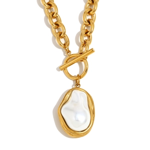 Gold plated stainless steel necklace with Baroque pearl pendant and OT toggle clasp