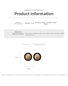 Detail view of round pearl stud earrings with 1.7cm size and 5.3g weight specifications