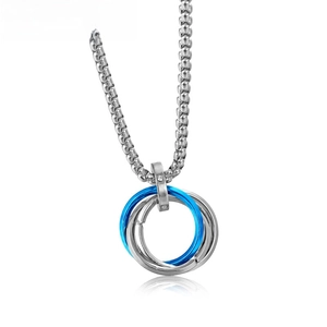 Detailed macro view of triple interlocking rings pendant on thick titanium steel chain link