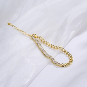 18K gold plated chain bracelet featuring rectangular baguette-cut cubic zirconia crystals