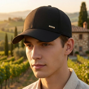 Classic men's black baseball cap with extended brim and metal fashion plate detail
