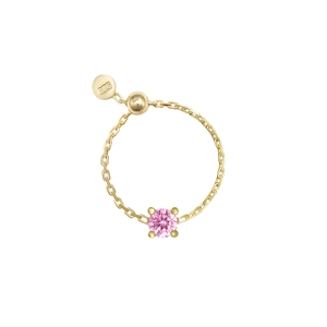 Detail of adjustable S925 sterling silver chain ring with pink gemstone and 925 engraving
