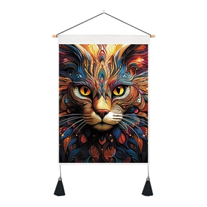 Bohemian style tapestry featuring 3D cat portrait with wood hanger and black tassels