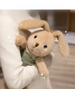 Dettaglio di un coniglio di peluche con vestito a scacchi verdi e pizzo tra le braccia