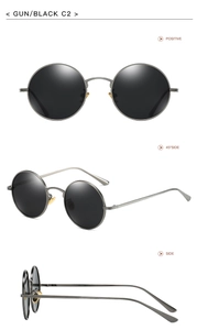 Three views of retro round punk sunglasses in gunmetal frame and black lenses