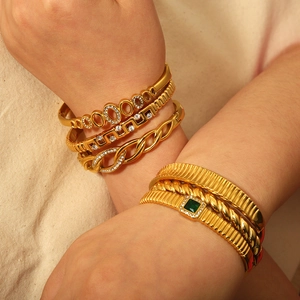 Bracelet Jonc En Acier Inoxydable Plaqué Or 18K Zircon Incrusté Manchette Ouverte Mode Luxe Pour Femme Bijou Élégant