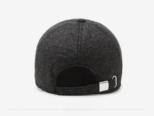 Back view of dark grey knitted baseball cap with silver metal buckle for size adjustment
