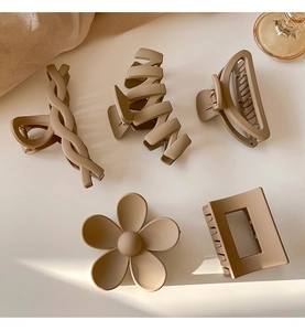 Detailed set of five matte milk tea hair claws in various elegant geometric shapes