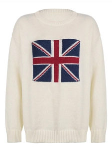 Close-up of knit texture and Union Jack pattern on this cream crew neck sweater