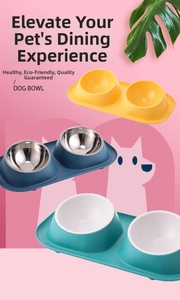 Detail view of double pet bowls with tilted neck protection and non-slip base tray