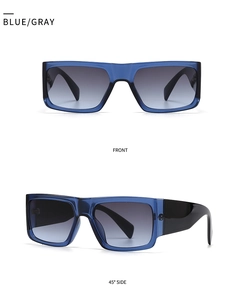 Front and side views of blue square sunglasses with acetate frames and gray gradient lenses
