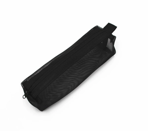 Close-up of durable black mesh pencil case showing breathable texture and zipper detail