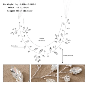 Détails d'un accessoire de cheveux de mariée argenté avec strass et ses dimensions