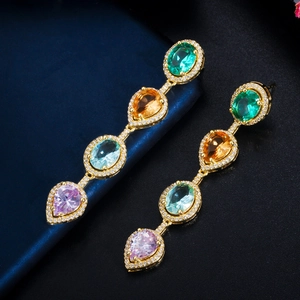 Elegant multi-color teardrop crystal long tassel earrings with gold-plated metal setting