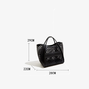Detailed size specifications for the black hollow-out silicone tote bag 29x28x22cm