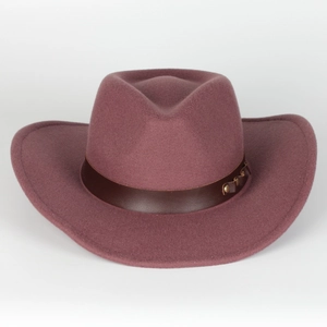 Close-up of wool felt fedora featuring a brown leather band and metal rivet detail
