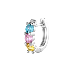 Silver earring hoop with inlaid blue pink and yellow zircon stones on white background