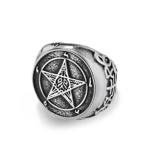 Retro stainless steel Lucifer ring featuring pentagram goat head in vintage silver finish