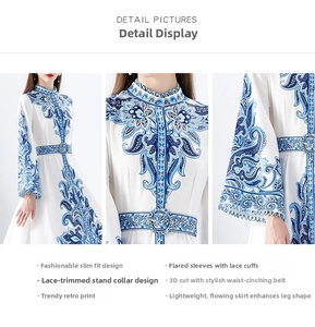 Detail of floral paisley print dress showing stand collar and flare cuffs close-up