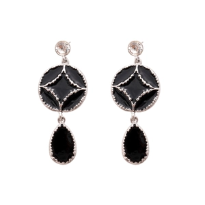 Silver earrings with black enamel star charms and sparkling teardrop crystals