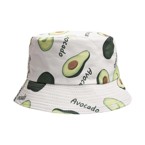 White tie-dye bucket hat with all-over green avocado print and Avocado text