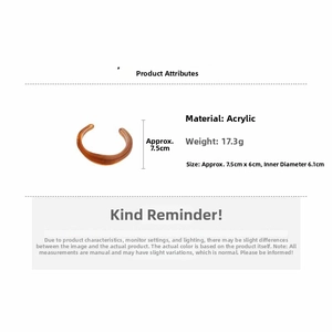 Detailed amber acrylic cuff bracelet showing weight 17.3g and 6.1cm inner diameter