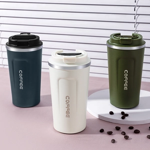 Detailed shot of matte 304 stainless steel coffee mugs in blue, cream, and army green