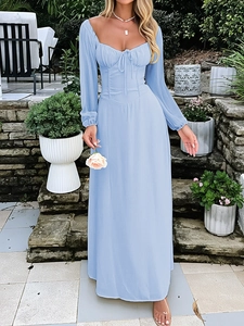 Elegant light blue long sleeve maxi dress with square neckline and belted waist for women