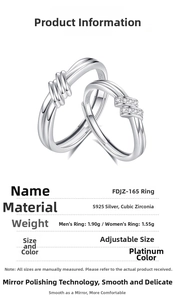 Detailed view of S925 silver knot couple rings with cubic zirconia and adjustable band