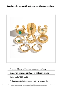 8-piece set of 18K gold-plated stainless steel rings featuring natural turquoise and malachite stones