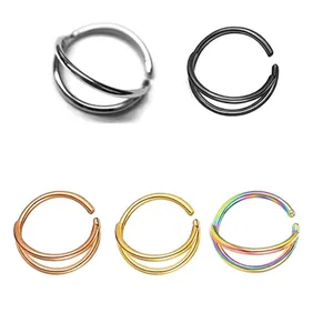 Set of five 3D double layer moon nose rings in silver, black, gold, and rose gold finishes