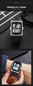 Macro shot of digital sport watch face with WR 30M depth and functional buttons