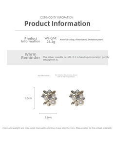 Detail specifications of vintage cluster earrings with pearls and rhinestones on white base
