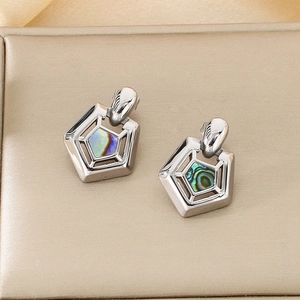 Silver square stainless steel earrings with iridescent abalone shell inlay on display