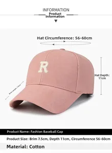 Pink cotton baseball cap detail with dimensions 7.5cm brim and embroidered letter R