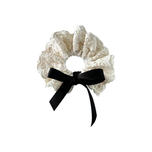 French vintage double-layered lace hair scrunchie with a black ribbon bow accessory