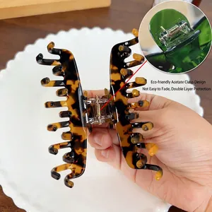 Vintage tortoise shell acetate hair claw clip with double-row teeth for women