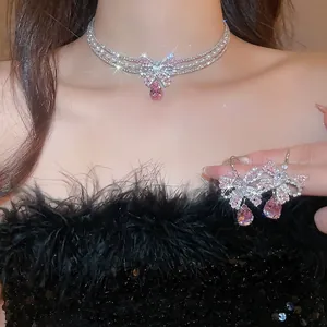 Bow Knot Jewelry Copper Pink Waterdrop Zircon Necklace Earrings With Silver Earring Post Artificial Pearls Elegant Women Accessory
