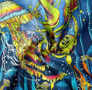 Detailed view of deep sea tapestry fabric featuring surreal jellyfish and glowing colors