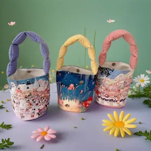 Cute Cartoon Illustration Print Canvas Bucket Handbag With Puffy Handles Portable Small Tote Bag For Women