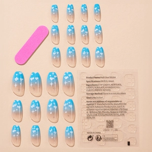 Short trapezoid gradient blue false nails with sweet white cloud and star patterns set