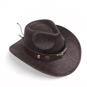 Vintage dark brown faux suede cowboy hat with bull head emblem and cracked texture