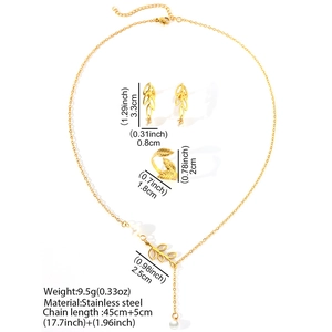 Golden leaf jewelry set with pearl necklace earrings and ring including size specifications