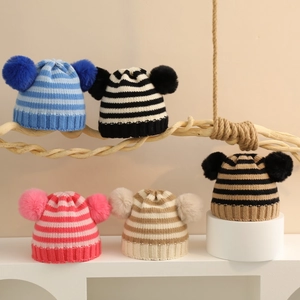 Cappello In Maglia Per Bambini Inverno Caldo Righe Doppi Pom Pon Pelliccia Sintetica Parte Superiore Tonda Acrilico Per Neonati
