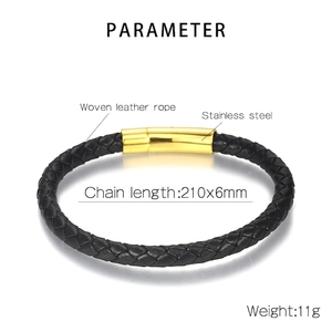 Men's black woven leather bracelet with golden stainless steel magnetic clasp 21cm