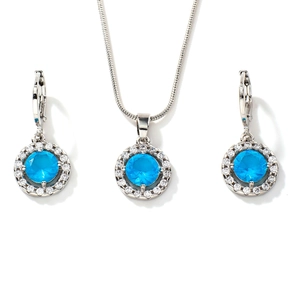 Elegant silver jewelry set with blue round crystal necklace and matching earrings